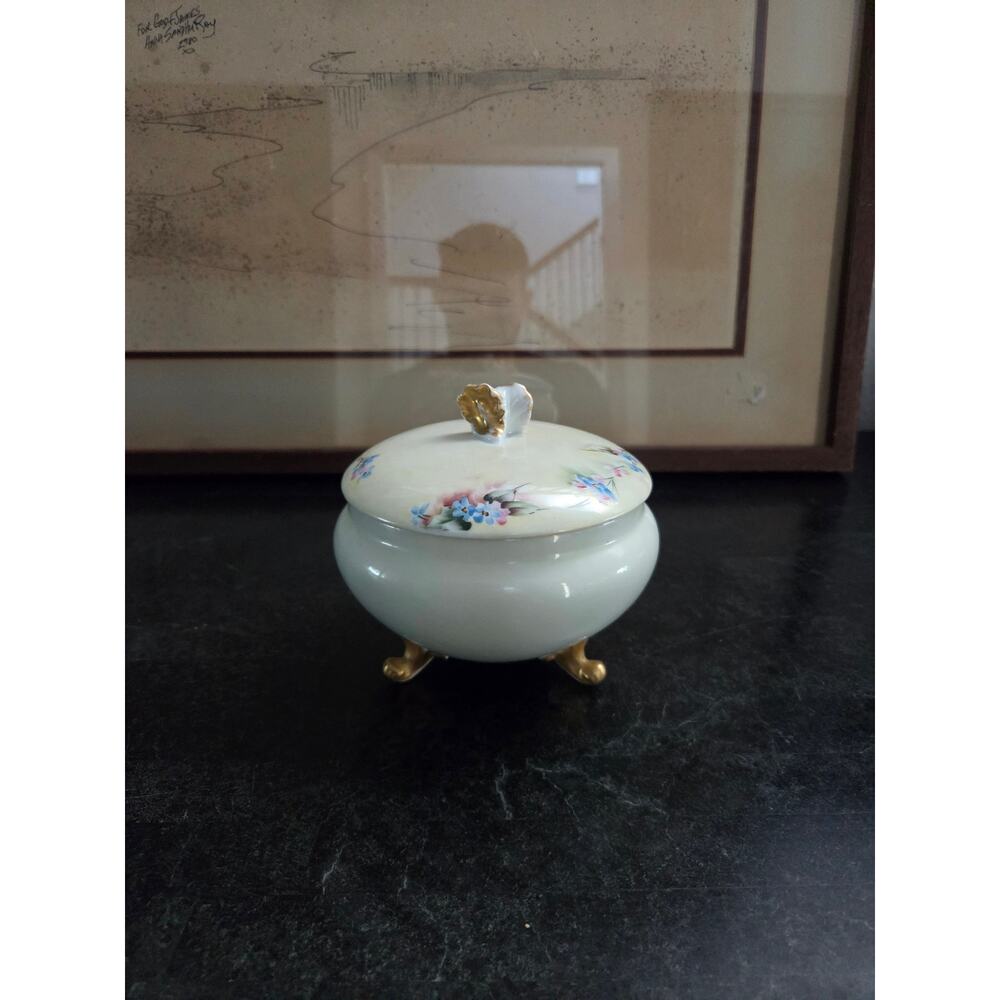 TK Thun Czechoslovakia Footed Trinket Jar w/ Lid Hand Painted 1920s Antique
